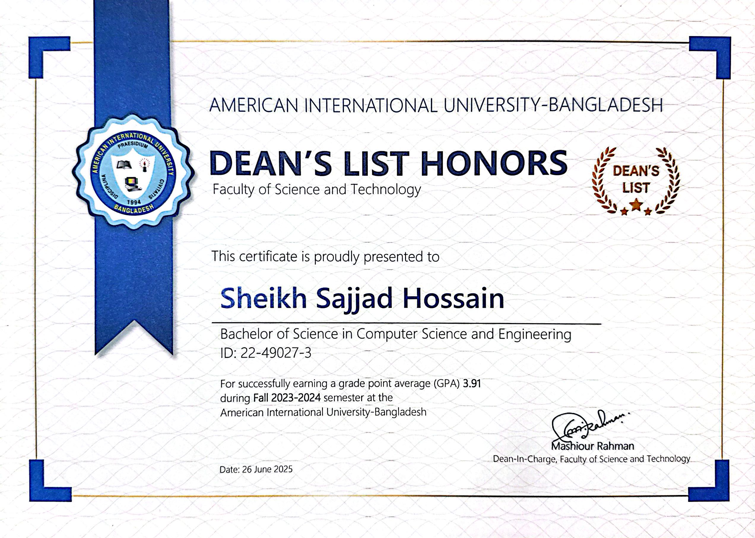 Dean's List certificate, Fall 2023-24