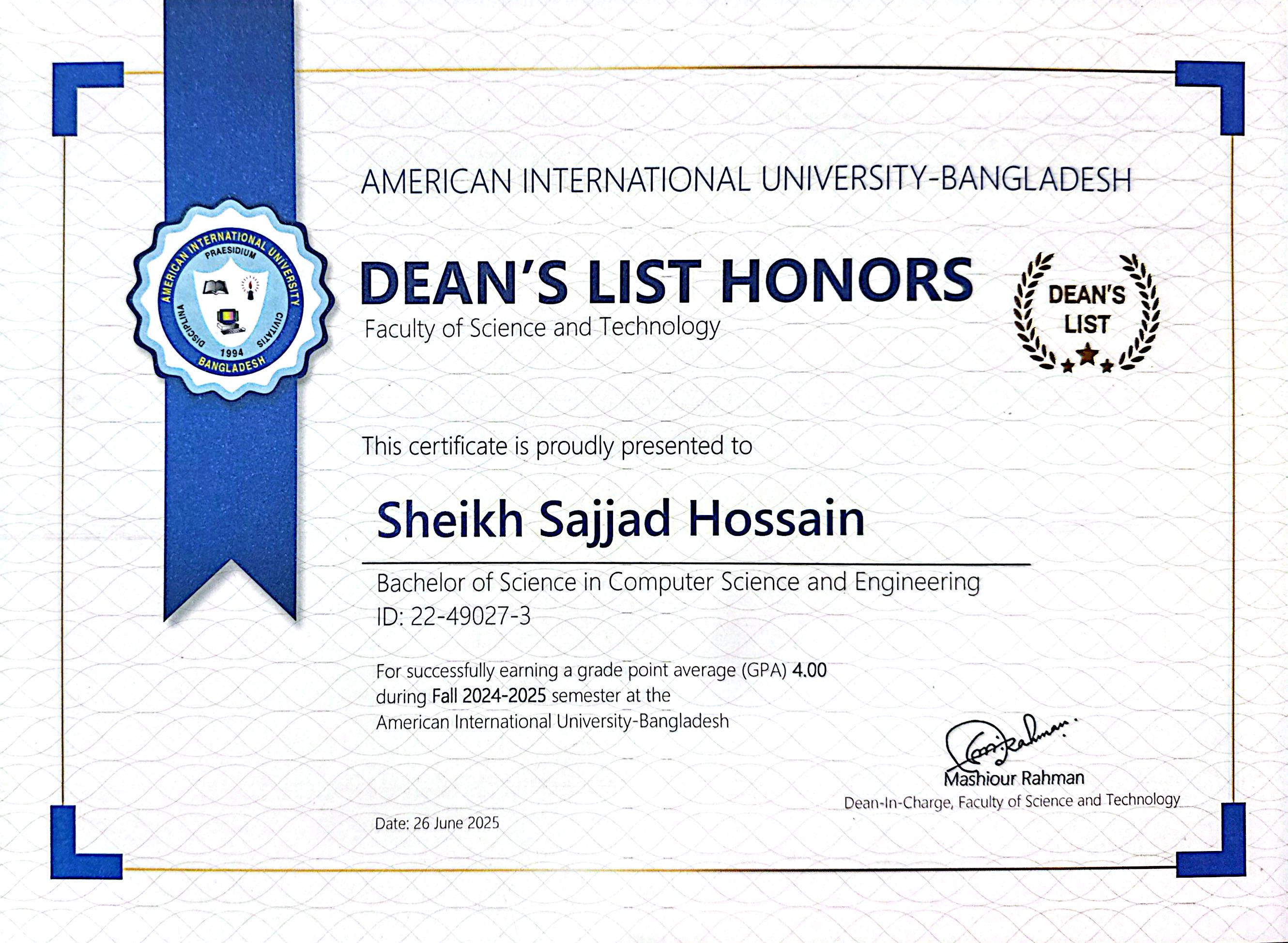 Dean's List certificate, Fall 2024-25