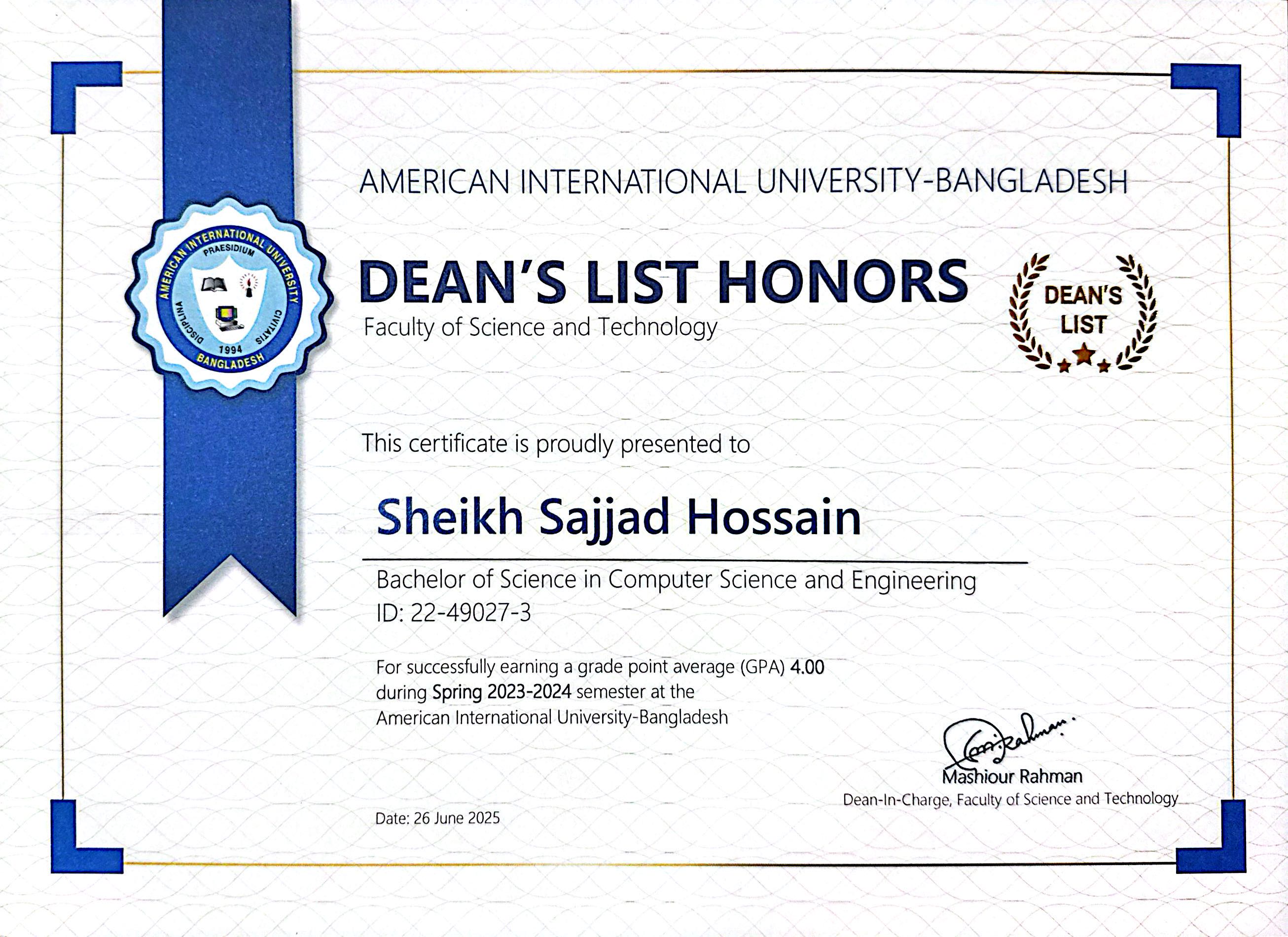 Dean's List certificate, Spring 2023-24